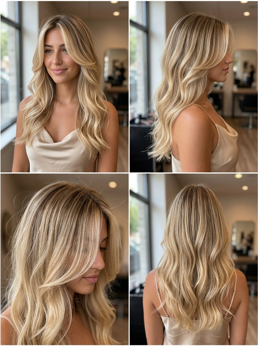 long wavy haircut in sandy blonde to buttery blonde balayage with seamless layers for summer