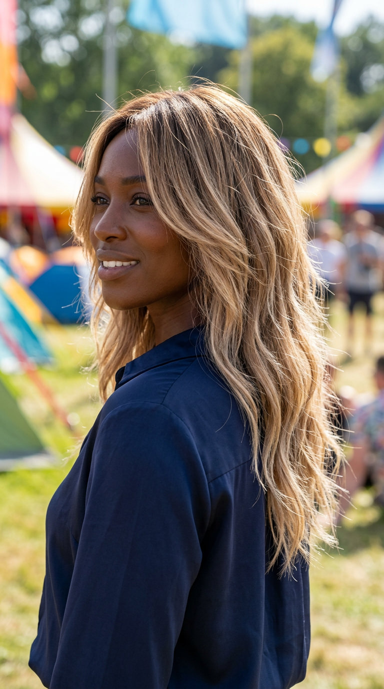 long wavy haircut with sandy blonde balayage, choppy layers and razored ends for music festival