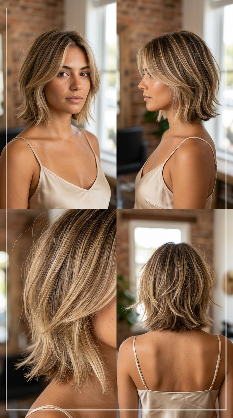 short crop haircut in sandy blonde with golden balayage, face-framing pieces and soft texture — playful boho