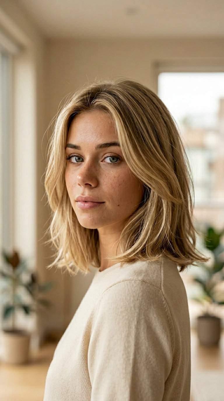 collarbone-length layered bob with sandy linen blonde and beige babylights for summer