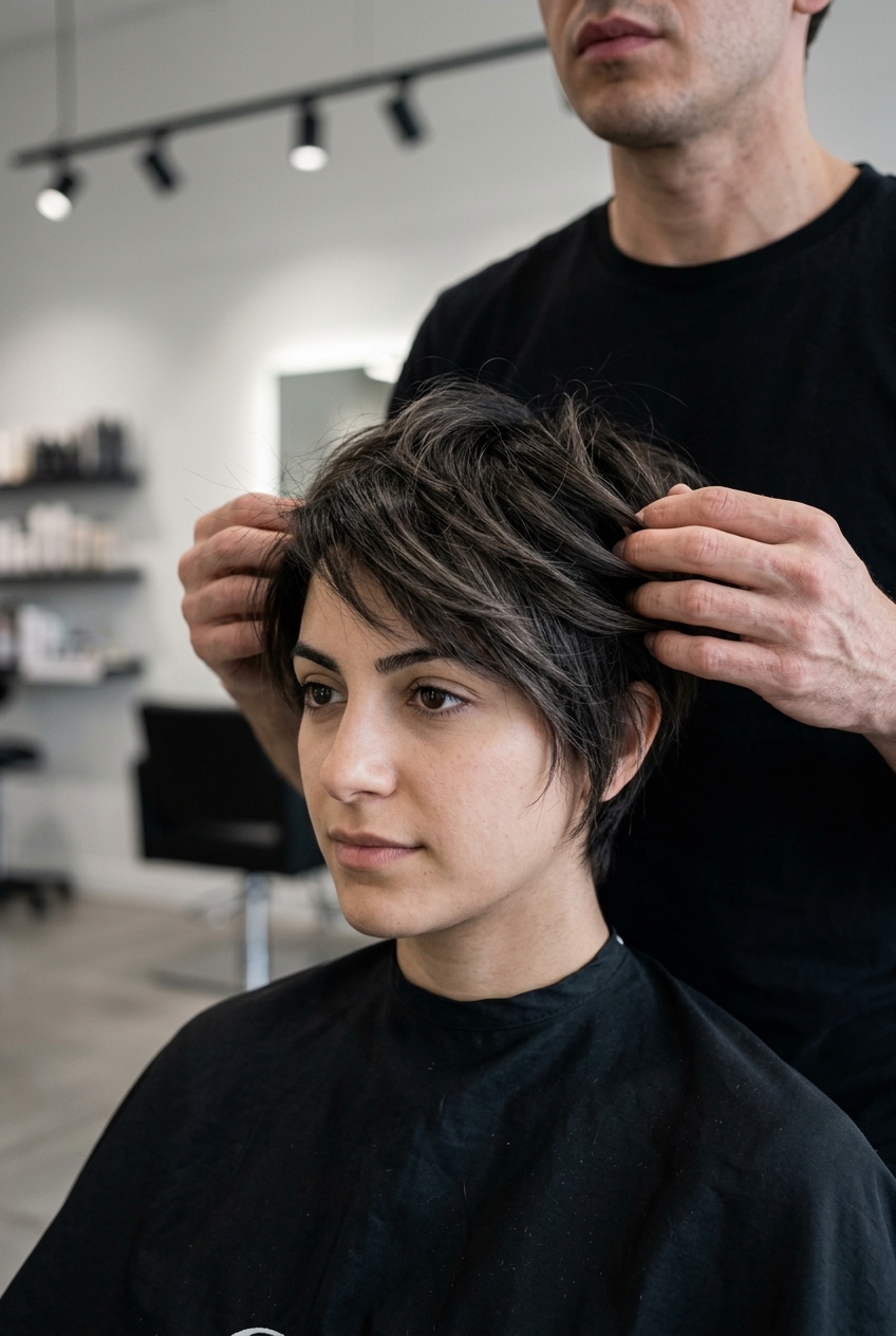 short razored pixie with deep espresso and cool ash brown tones, tapered sides, side-swept fringe — modern edgy look