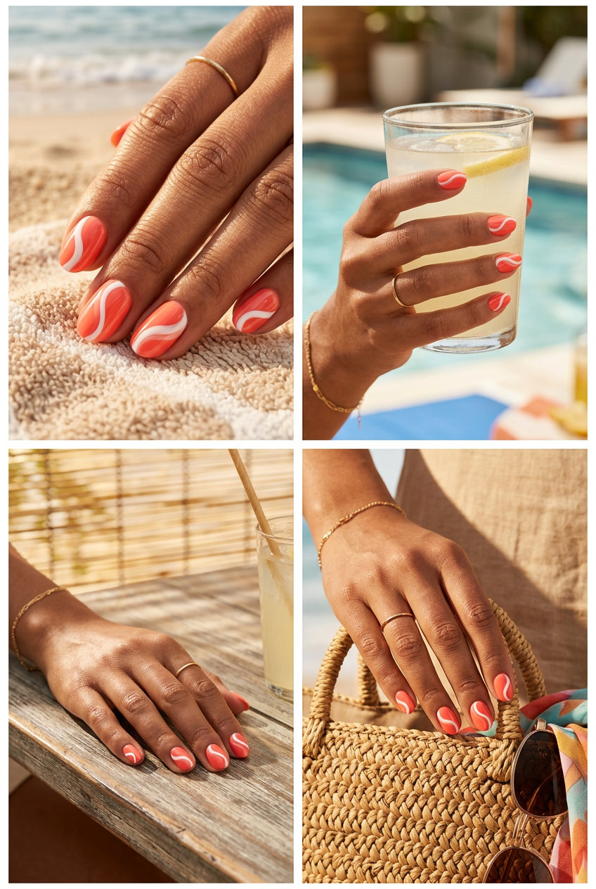 Short oval summer nails 2026: Fiery coral with abstract white swirls for an edgy, artistic vibe.