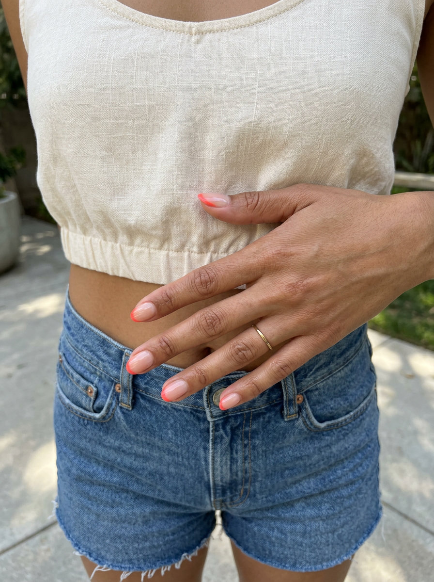 Short oval summer nails 2026: Coral micro French tips on sheer nude for playful beach days.