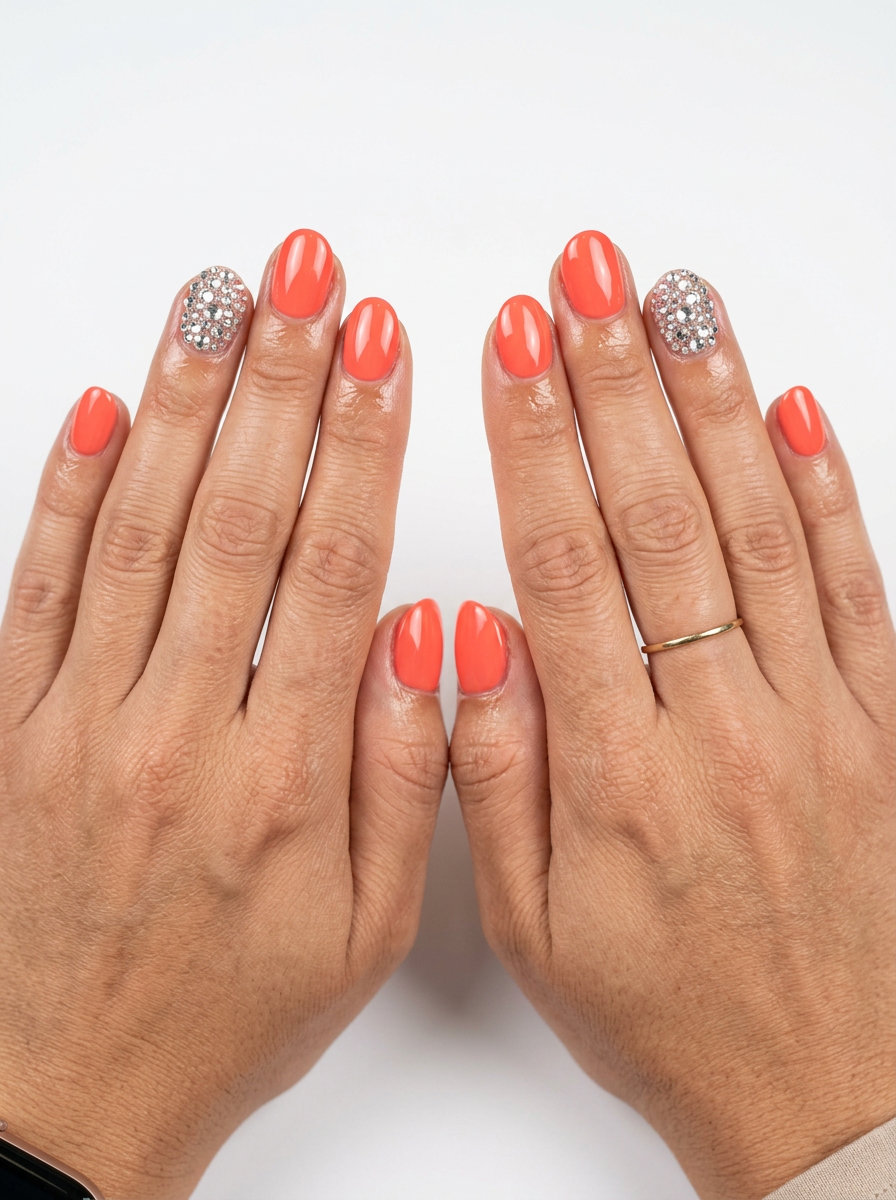 Short oval summer nails 2026: Glamorous coral nails with rhinestone accents for parties.
