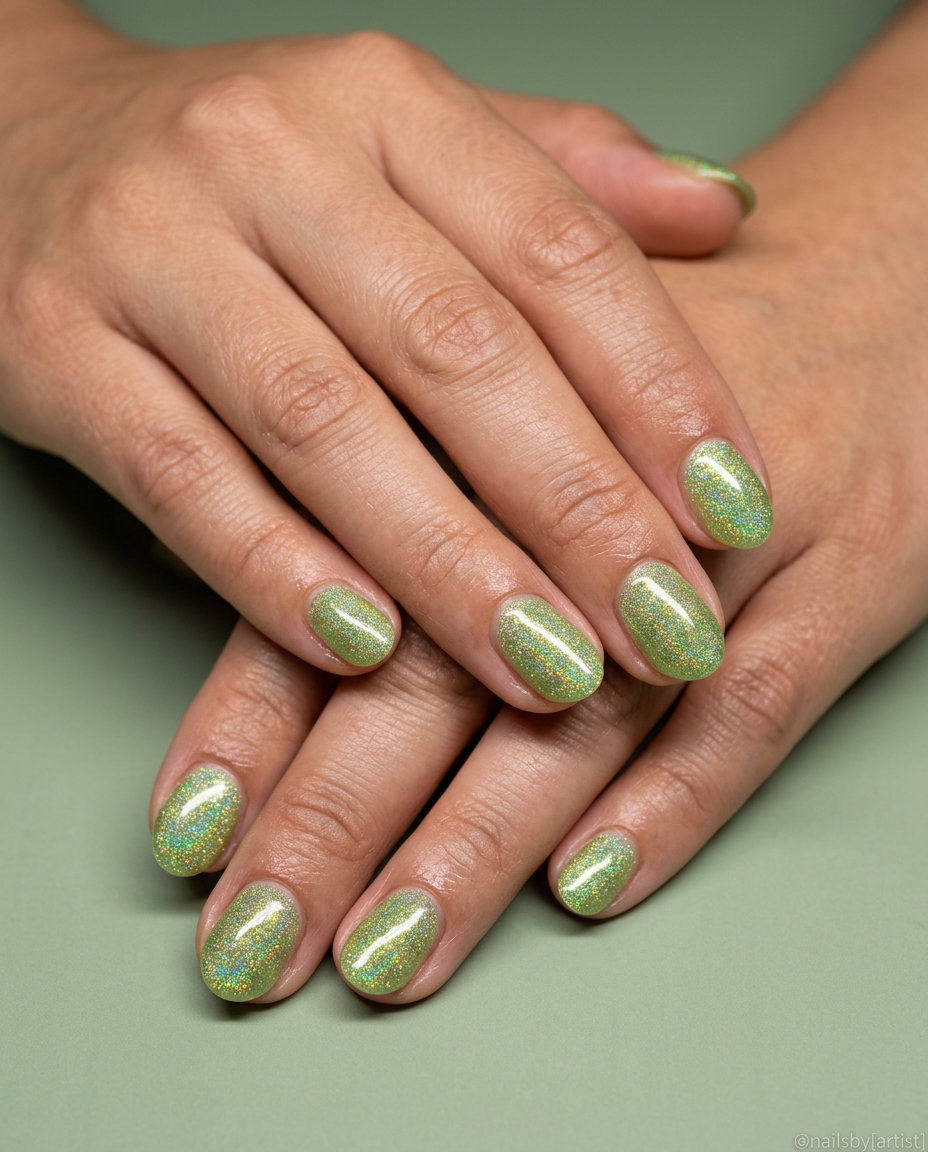 Short oval summer nails 2026: Dazzling electric lime holographic glitter for festivals.