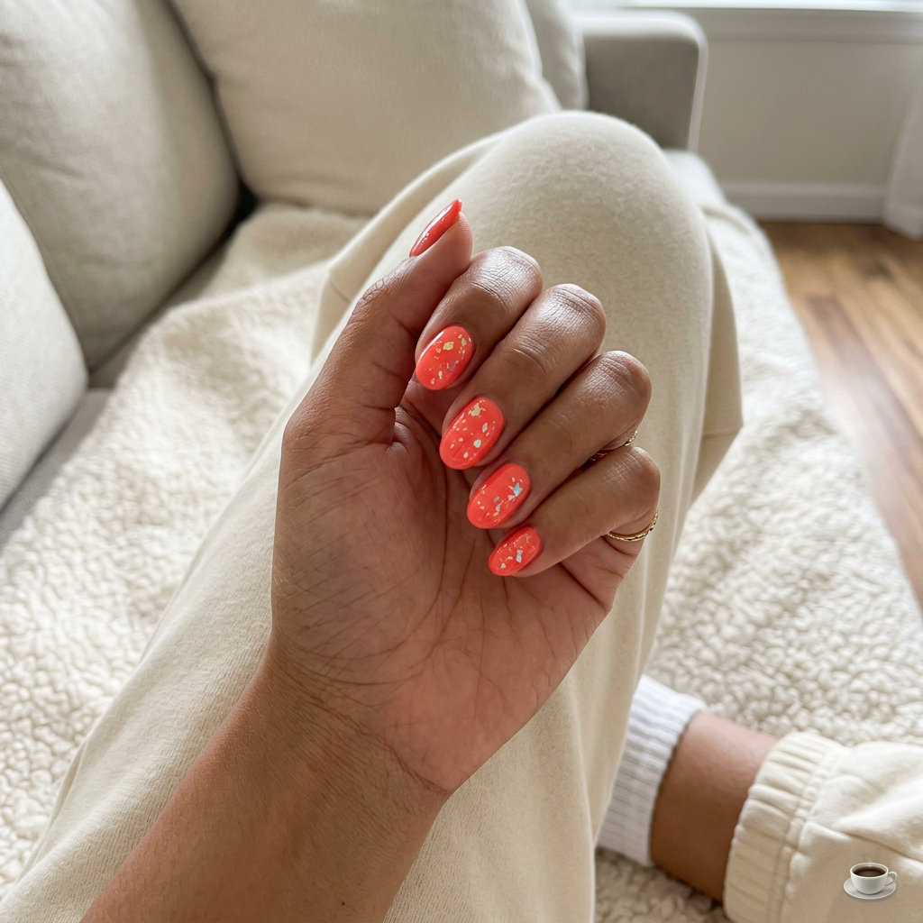 Short oval summer nails 2026: Fiery coral with iridescent foil flakes for vacation glamour.
