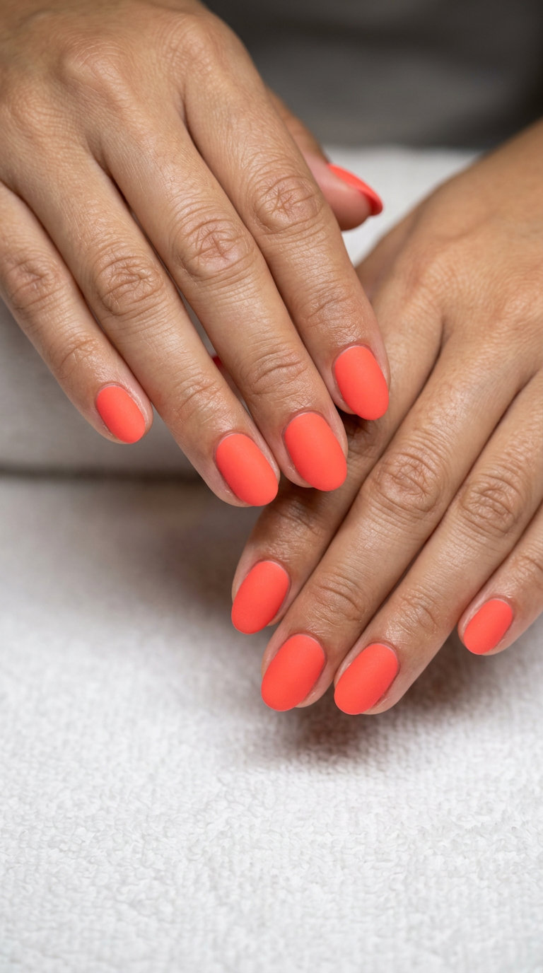 Short oval summer nails 2026: Matte Coral Statement for parties and vibrant summer events.