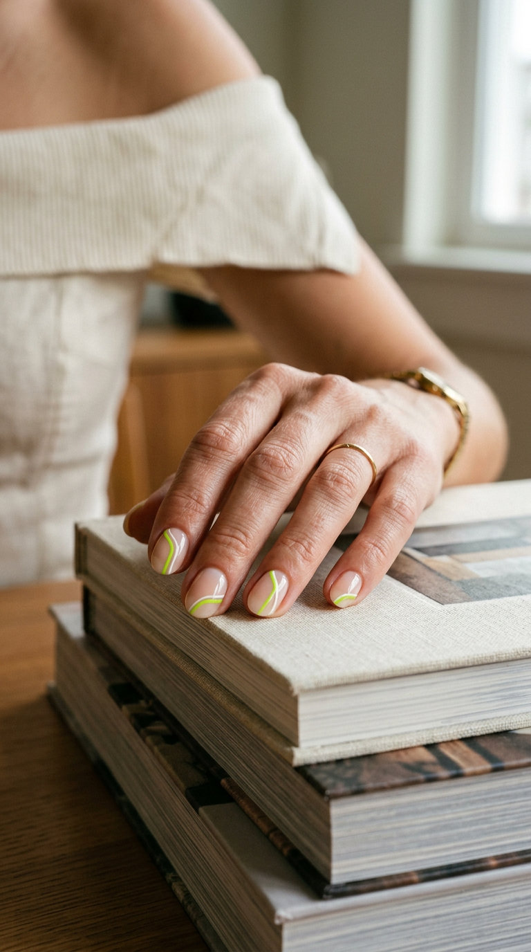 Short oval summer nails 2026: Minimalist lime green and white abstract lines for modern style.