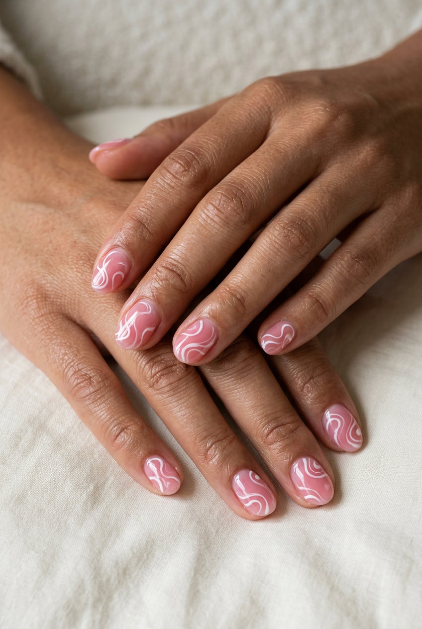 Short oval summer nails 2026: Whimsical sheer pink jelly swirl nails for casual outings.