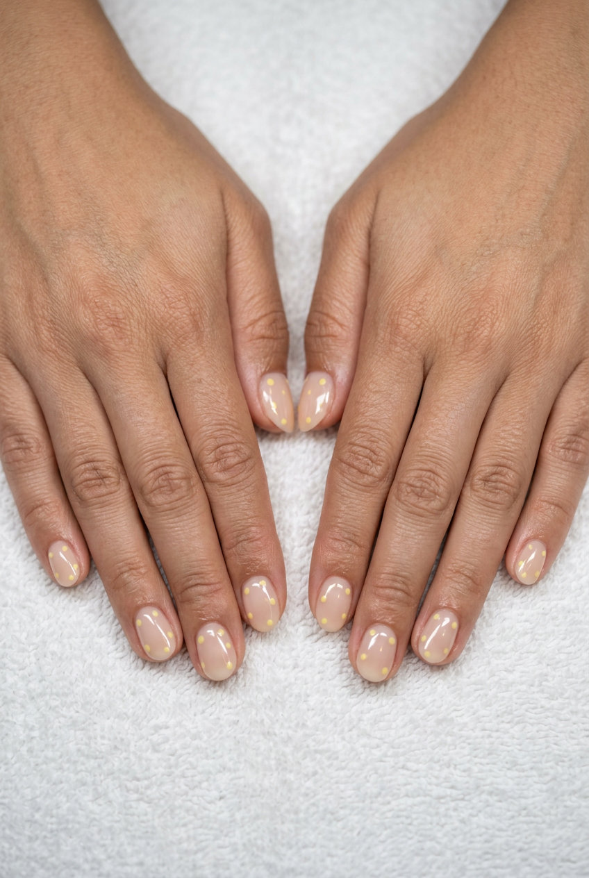 Short oval summer nails 2026: Sweet butter yellow dots on a sheer nude base for casual days.