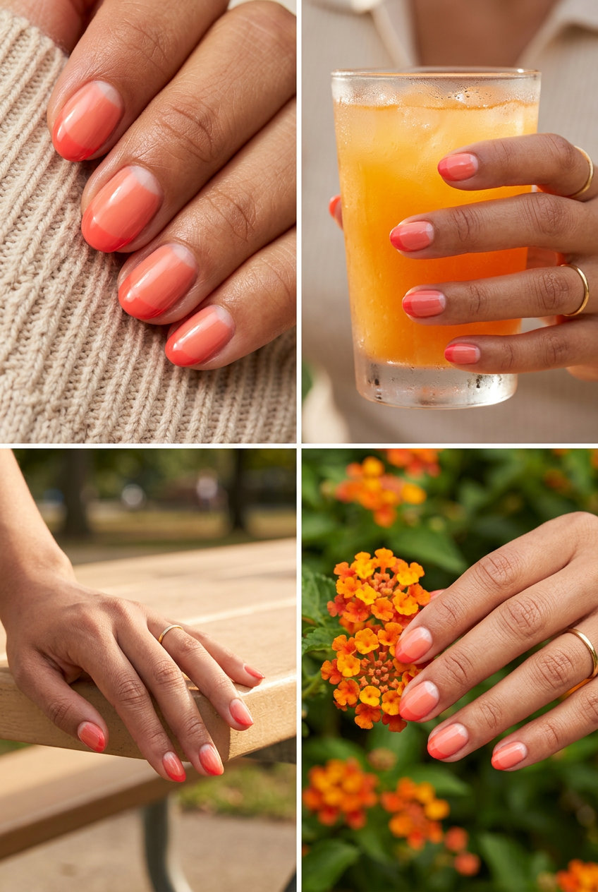 Coral Reverse French Nails 2026: Date Night Style Short round summer nails 2026: Coral Reverse French design for date night. Edgy, playful, bold coral.