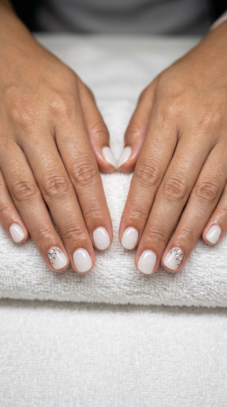 Milky White Dewdrop Nails 2026: Party Glam Short round summer nails 2026: Crystal Dewdrop Accent Milky White for parties. Glamorous, sparkling.