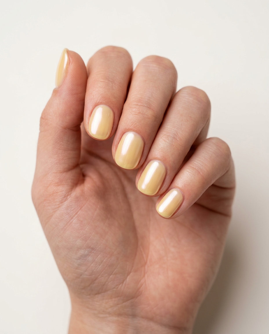 Glazed Donut Butter Yellow Nails 2026 Short round summer nails 2026: Lemon Glaze Donut Butter Yellow with iridescent pearl shift.