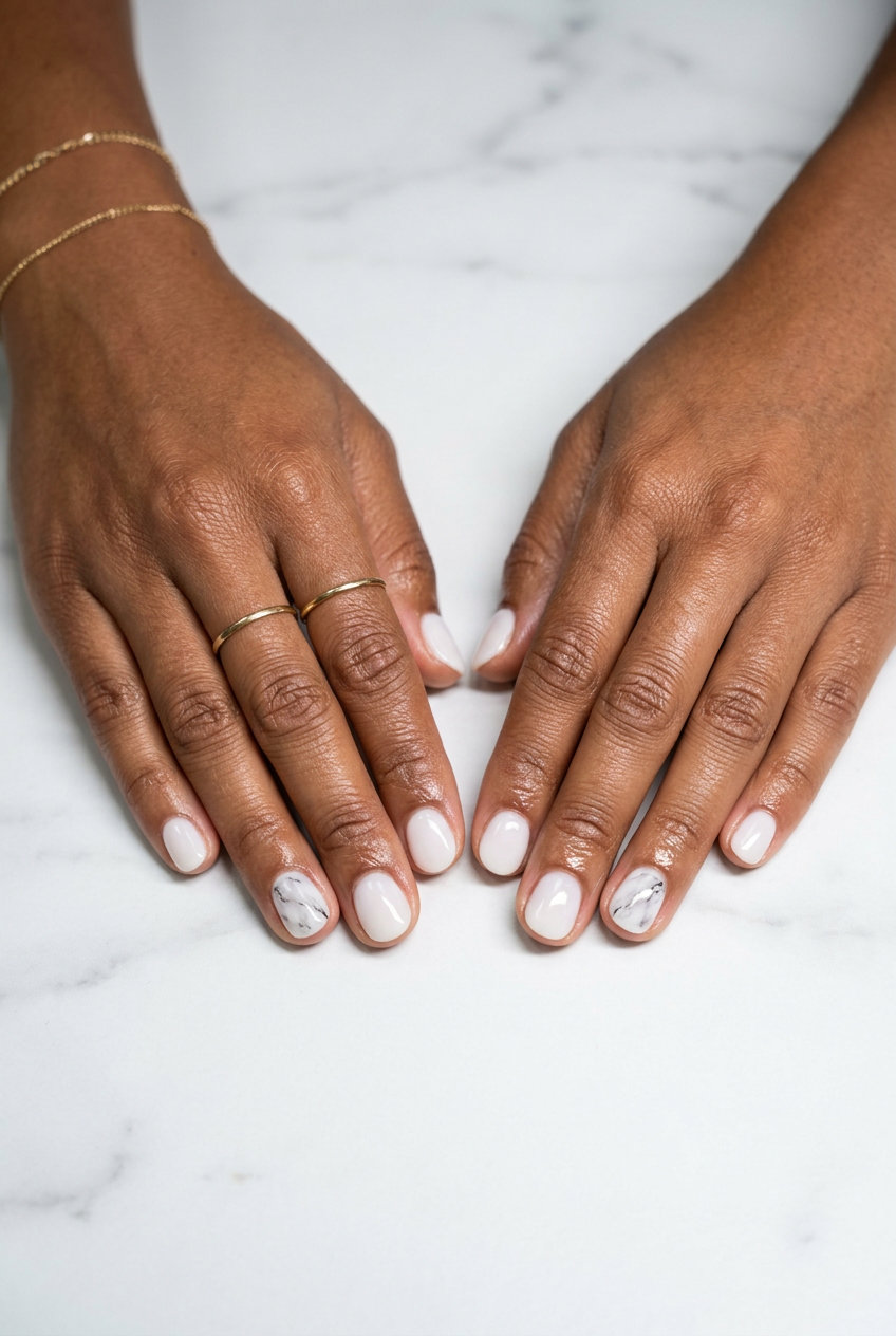 Marble Accent Nails 2026 Short round summer nails 2026: Milky White Marble Accent for formal events and business meetings.
