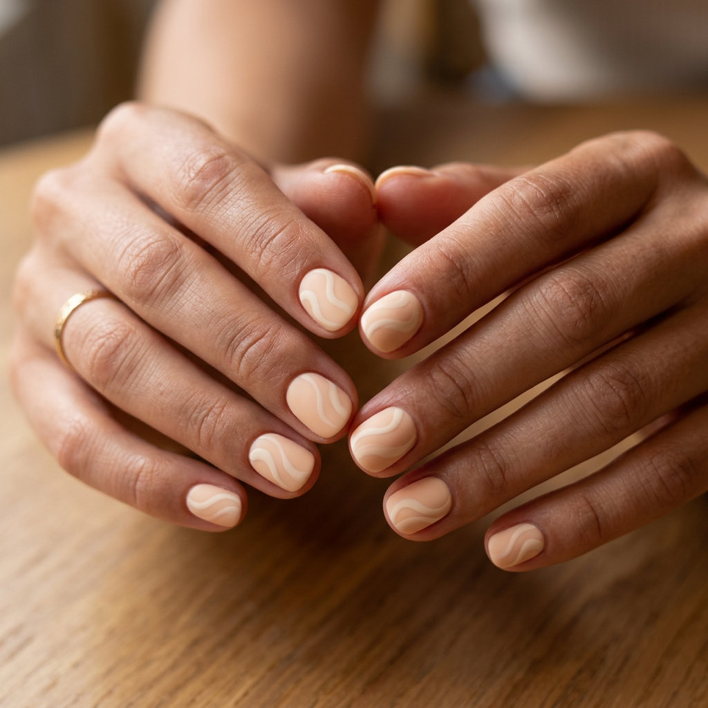 Peach Fuzz Matte Swirl Nails 2026: Romantic Chic Short round summer nails 2026: Peach Fuzz Matte Swirls for date night. Romantic, soft, ethereal.