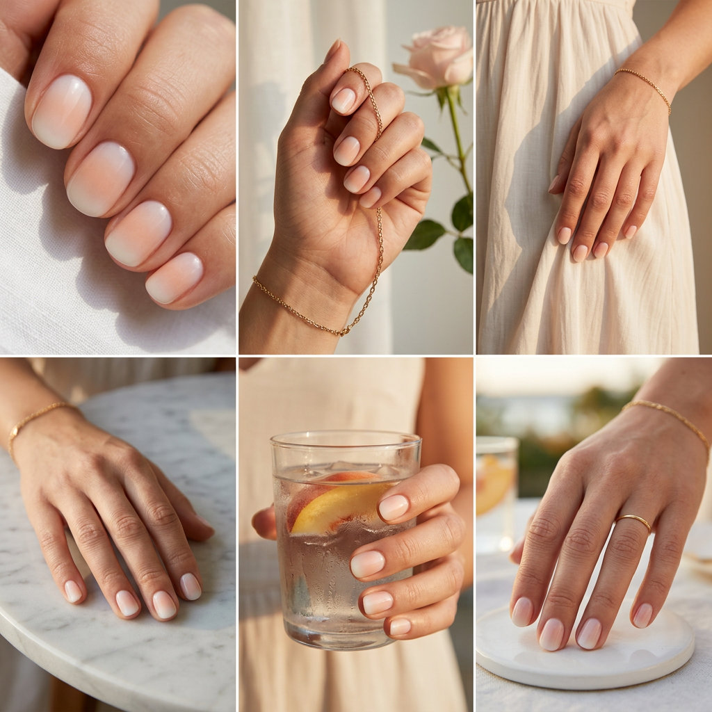 Peach Fuzz Ombre Nails 2026 | Ethereal Bridal Style Short round summer nails 2026: Peach Fuzz Milky White Ombre Dewdrops for weddings and daily wear.