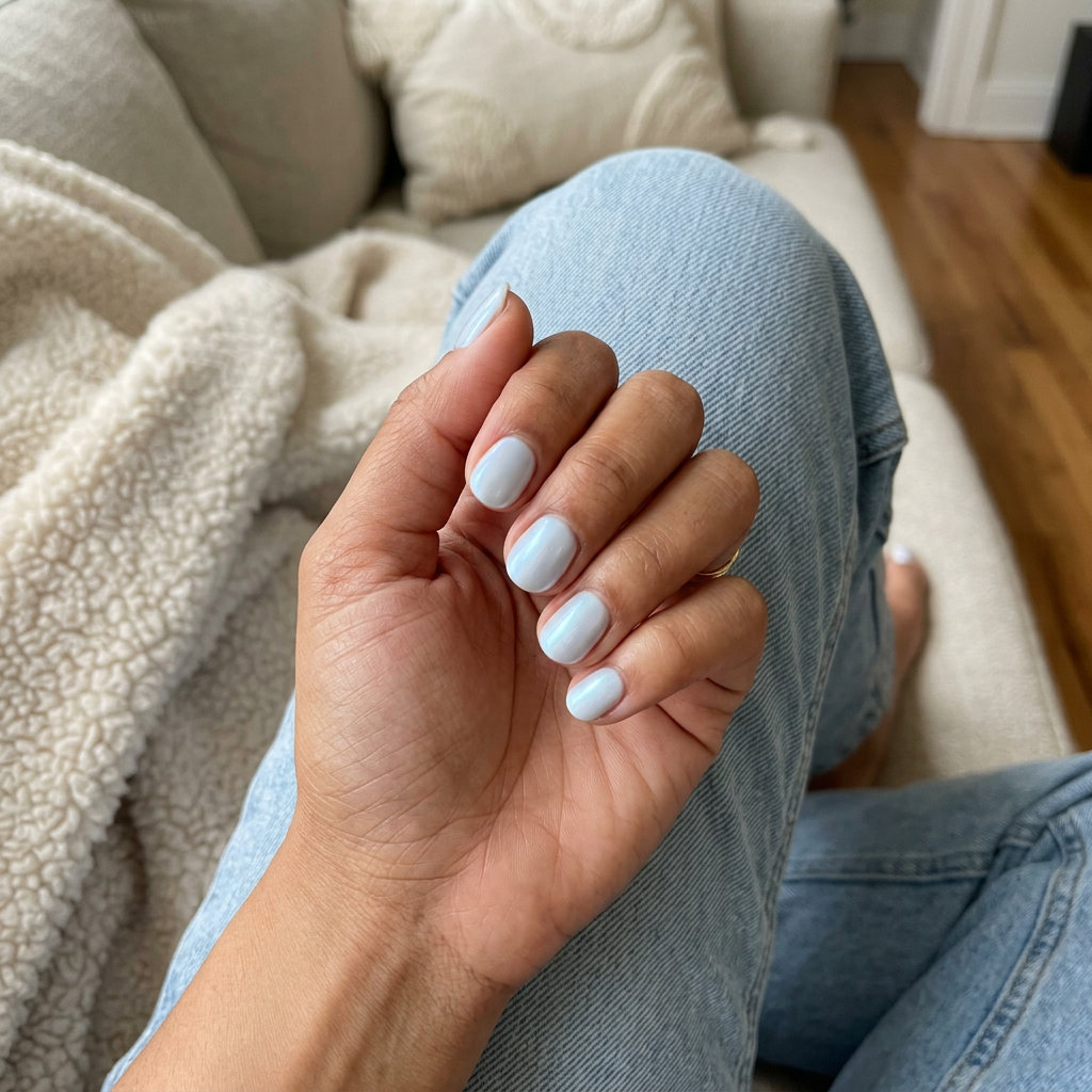 Pearlescent Light Blue Nails 2026: Wedding Chic Short round summer nails 2026: Pearlescent Light Blue Shimmer for weddings. Romantic, ethereal, chic.