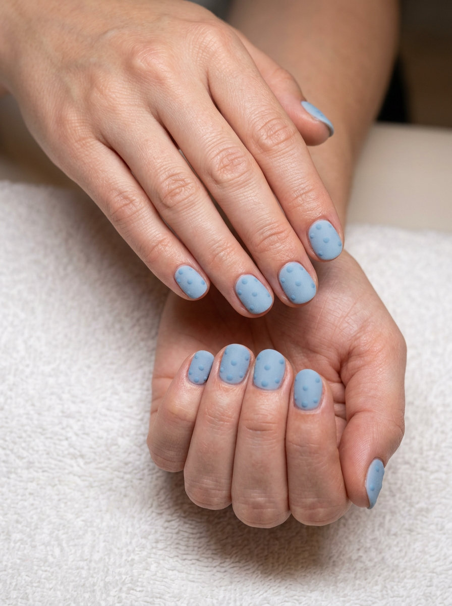 Velvet Dots Light Blue Nails 2026 Short round summer nails 2026: Velvet Sky Dots with a unique velvet matte finish for casual weekends.