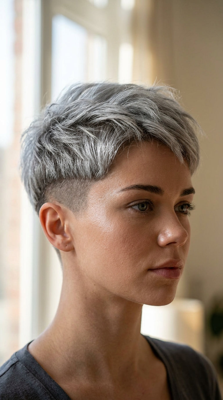 very short undercut pixie haircut in silver fox grey with ash toner, textured layers, swept-over fringe — edgy
