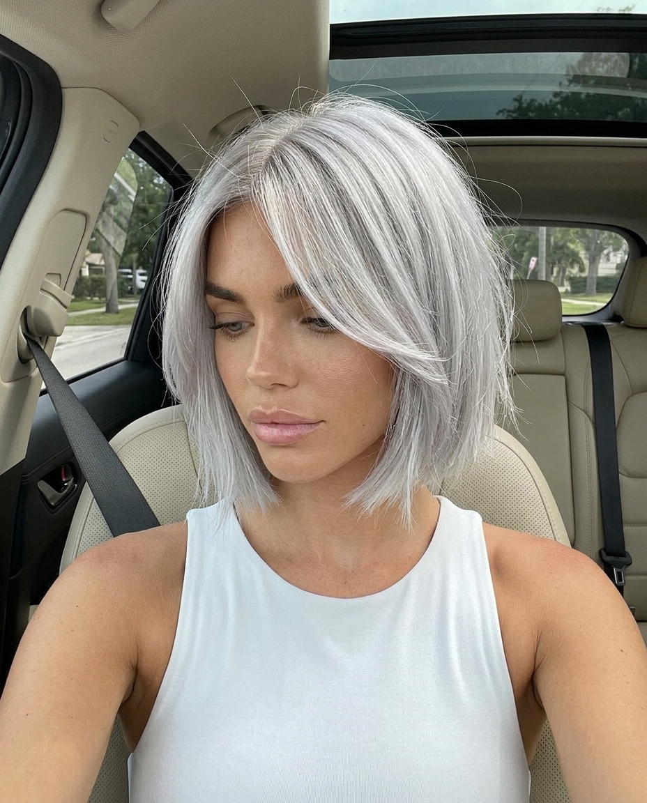 short french bob haircut with icy silver platinum, piecey ends, side-swept fringe — modern edgy style
