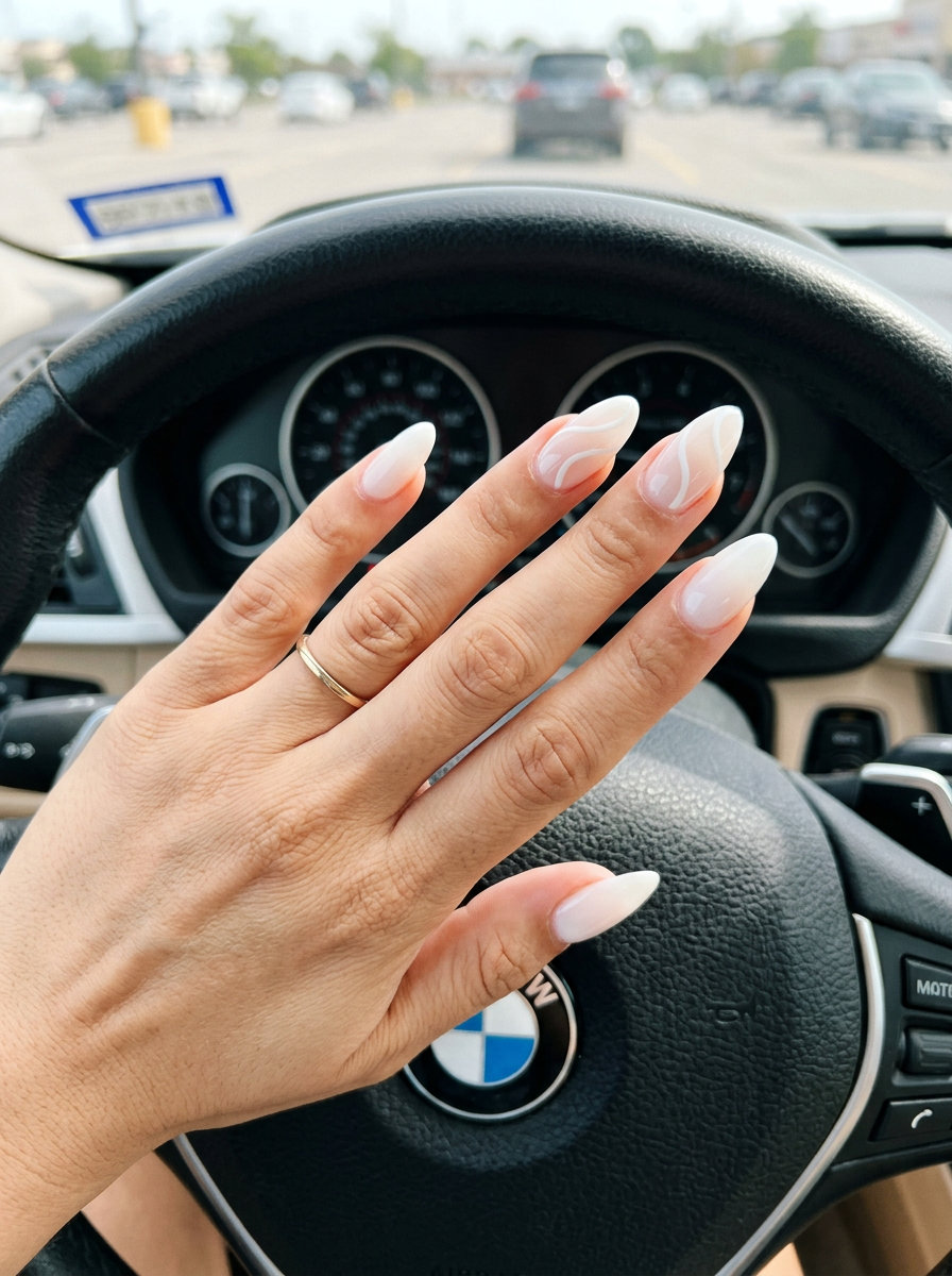 Milky white abstract swirls almond nails for date night or casual dinners. Artistic and chic.