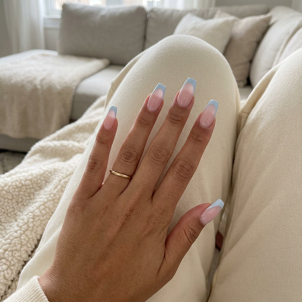 Baby blue French tip soft coffin nails for vacation. Simple summer acrylic nail designs 2026.