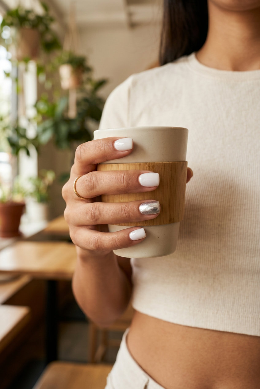 Milky white chrome accent square nails for casual weekend wear. Modern and chic with subtle glam.