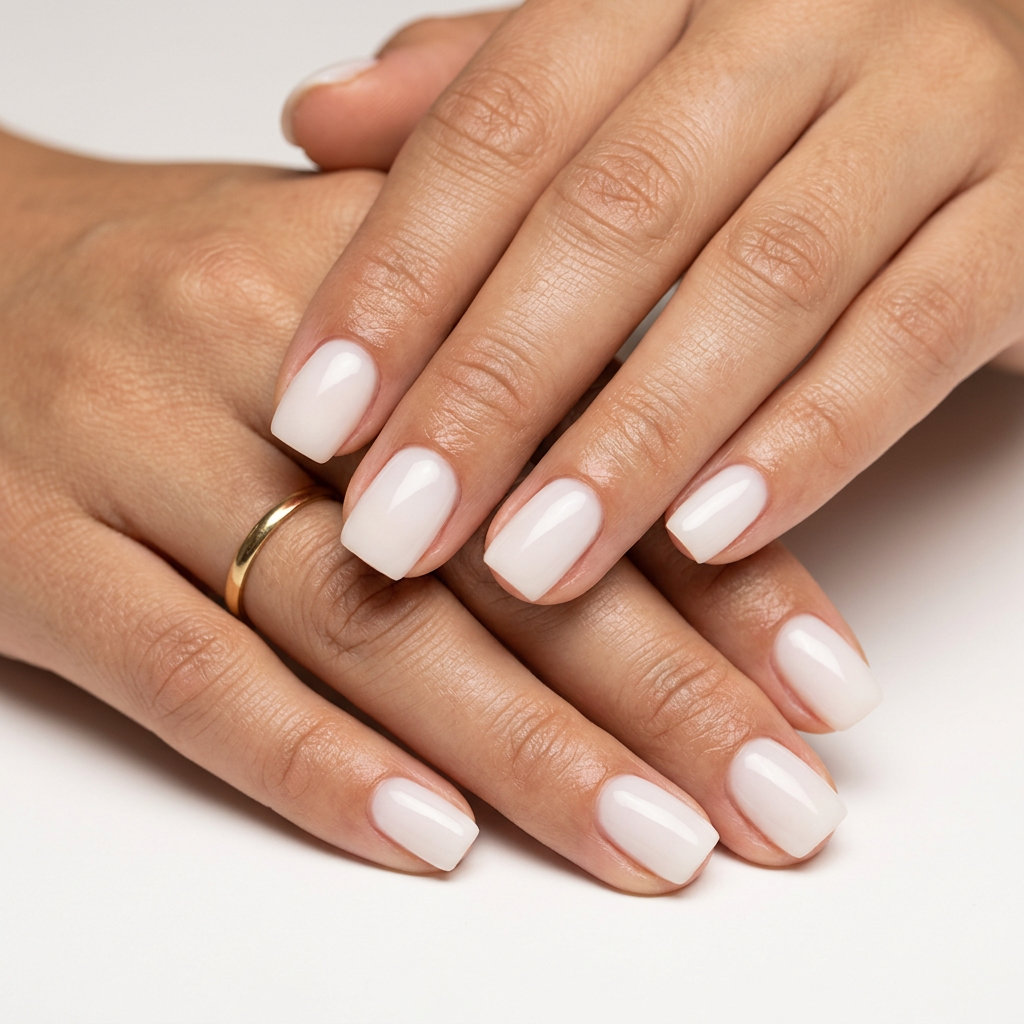 Milky white builder gel short square nails for everyday. Simple summer acrylic nail designs 2026.