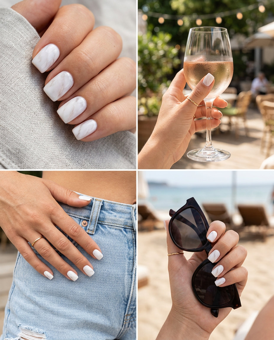 Milky white marble soft square nails for chic everyday wear. Simple summer acrylic nail designs 2026.