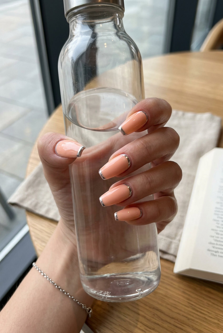 Peach fuzz chrome accent soft coffin nails for date night or summer evenings. Glamorous and chic.