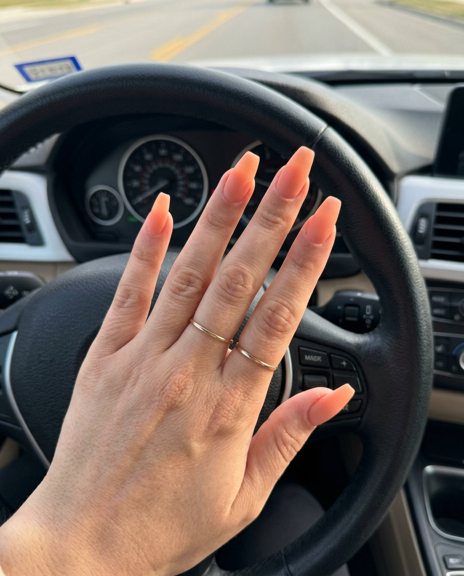 Peach fuzz matte soft coffin nails for date night. Simple summer acrylic nail designs 2026.