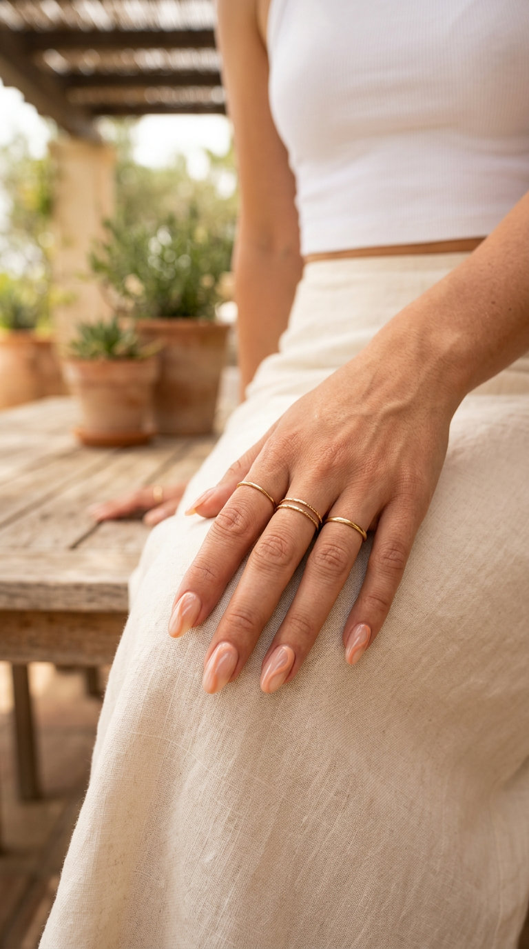Peach fuzz swirls glossy oval nails for date night or spring events. Romantic and sophisticated.