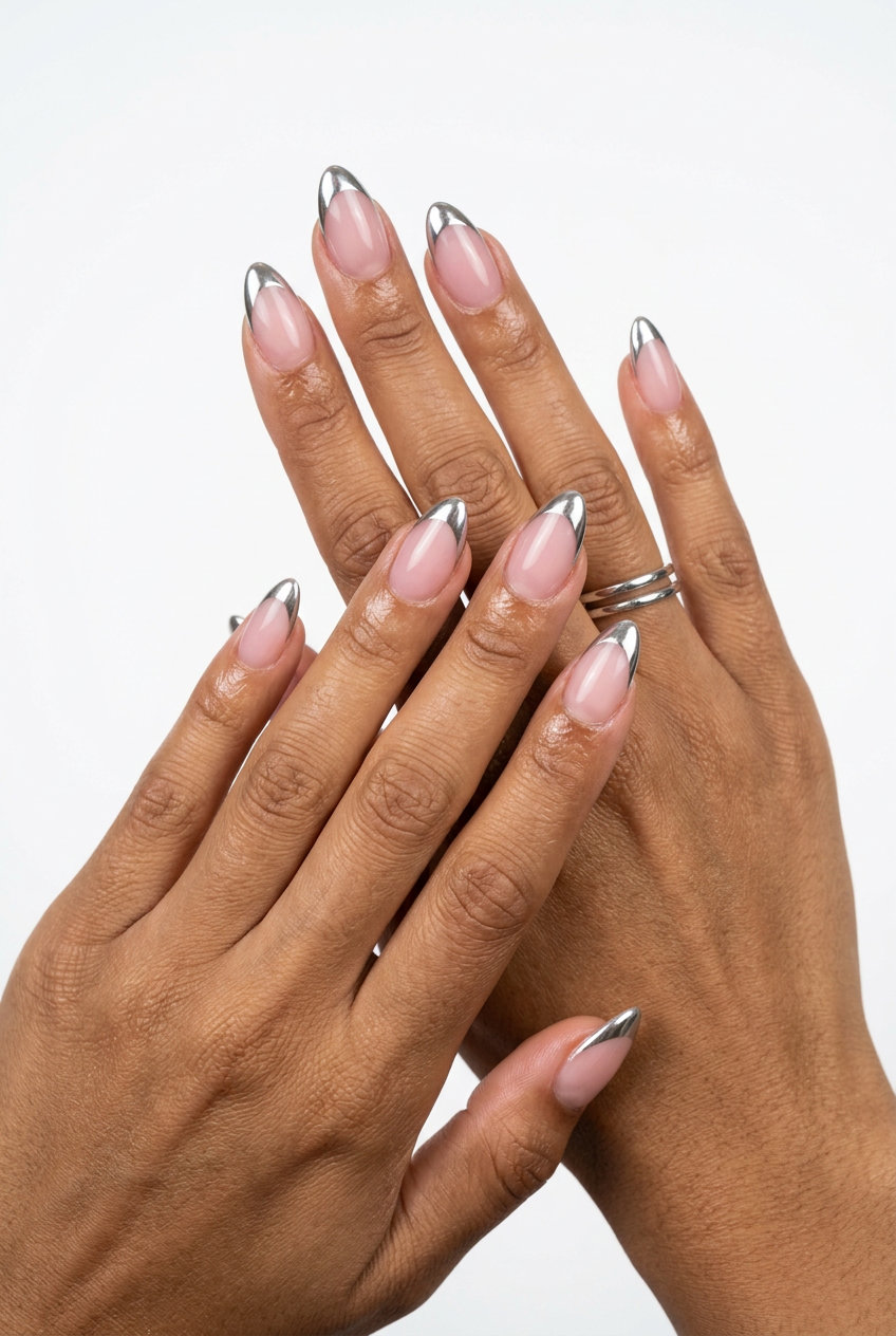 Sheer pink almond nails with mirror chrome French tips for a glamorous party look. Simple summer acrylic nail designs 2026.