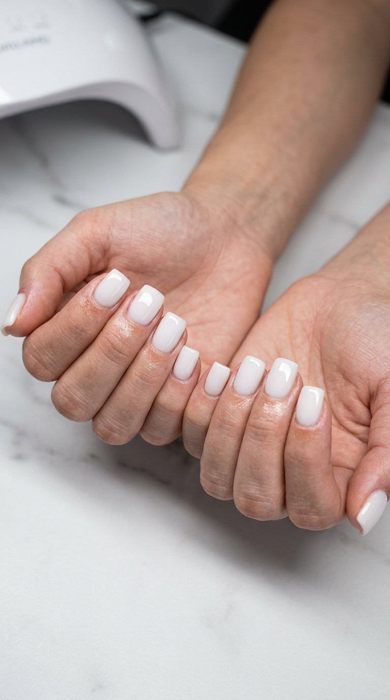 Milky white solid short square nails for everyday or work. Clean, minimalist, and polished.
