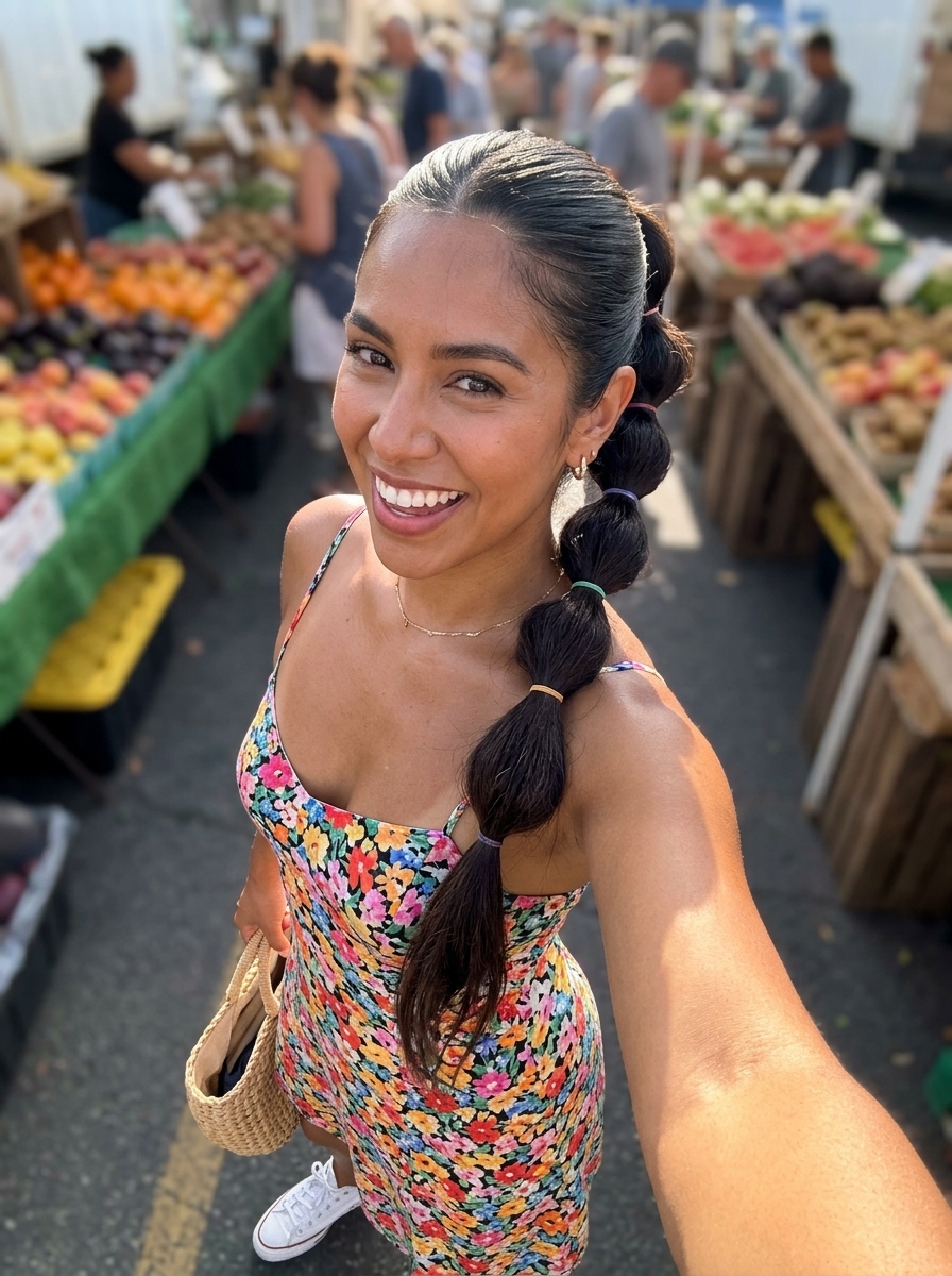 Playful Summer Bubble Pony: Trendy Hairstyle 2026 long bubble ponytail with sleek finish, high ponytail, no fringe — playful trendy summer festival