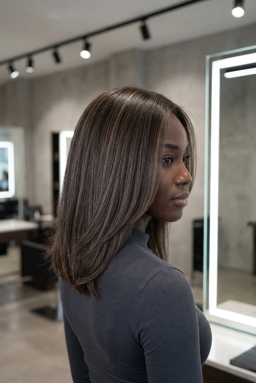 long smoked walnut brunette air touch balayage with ash brown dimension, air touch technique — sophisticated professional style