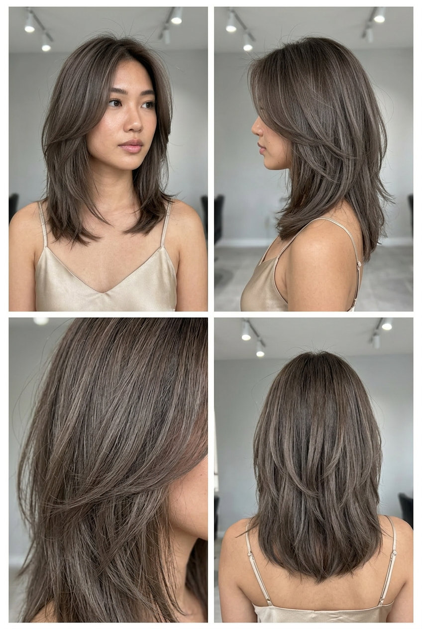 medium razored cut smoky ash brown with cool undertones, extensive razored layers, face-framing layers — cool casual outing
