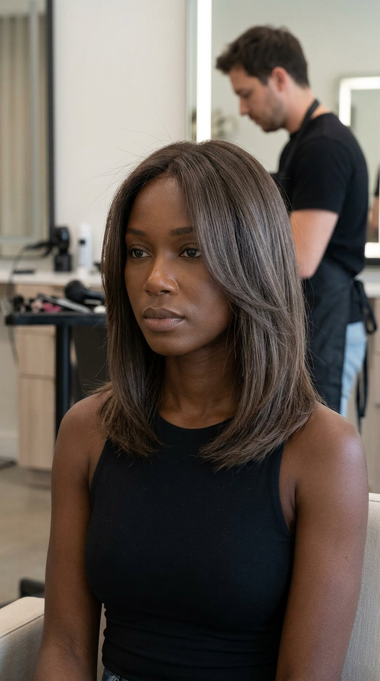 collarbone smoky walnut brown hair with cool ash undertones, soft internal layers, no bangs — sophisticated lob