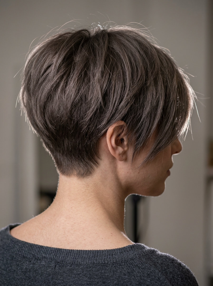 short smoky walnut brown pixie haircut with razored layers and side-swept fringe — edgy daily wear