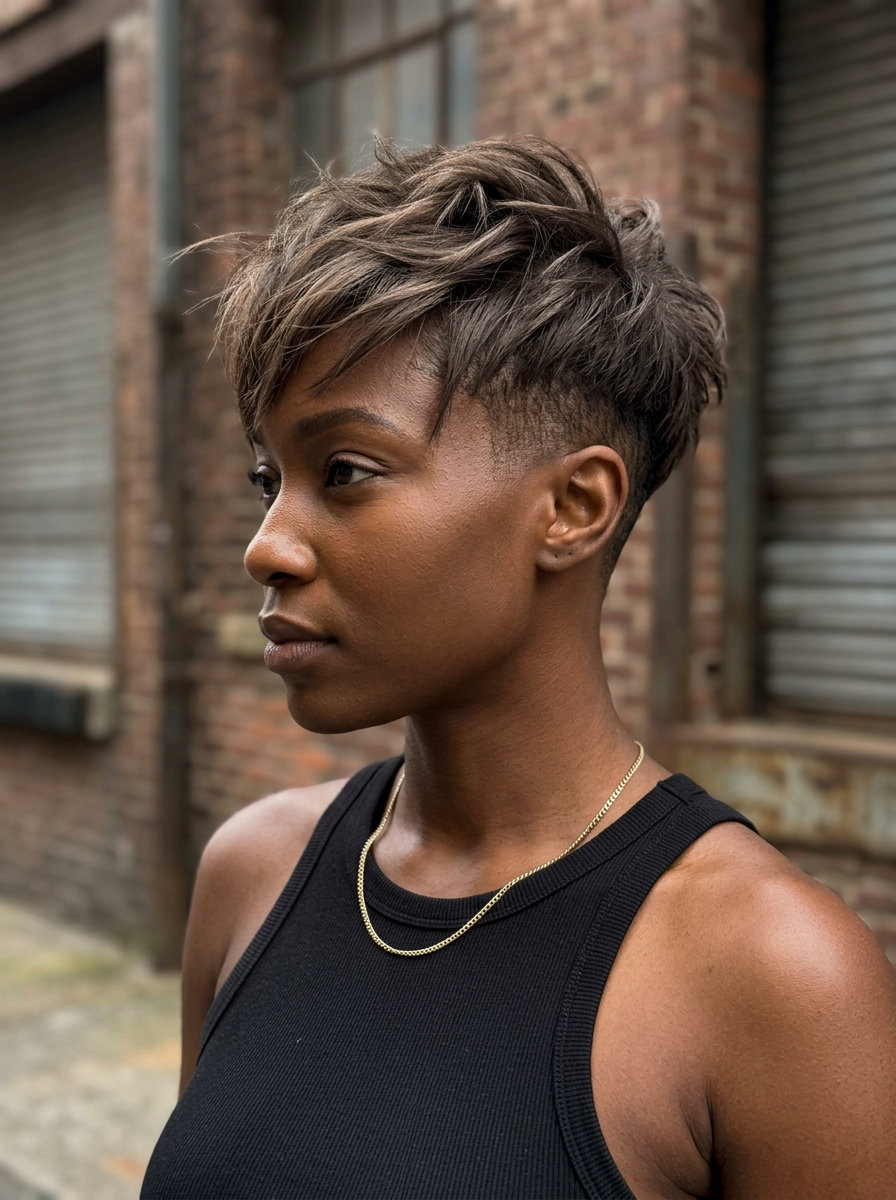short smoky walnut pixie haircut with undercut and piecey texture for rebellious vibes