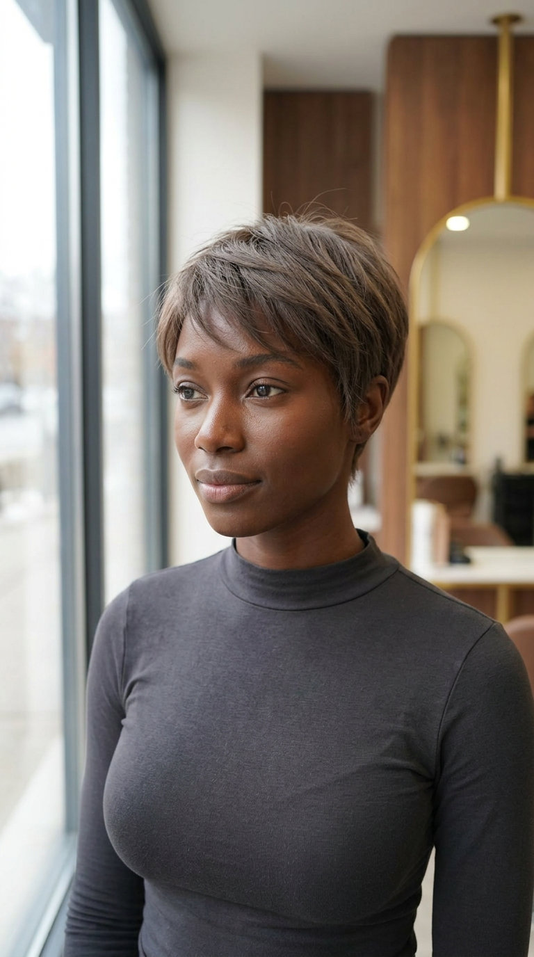 very short pixie haircut in soft ash brown with wispy texture for summer