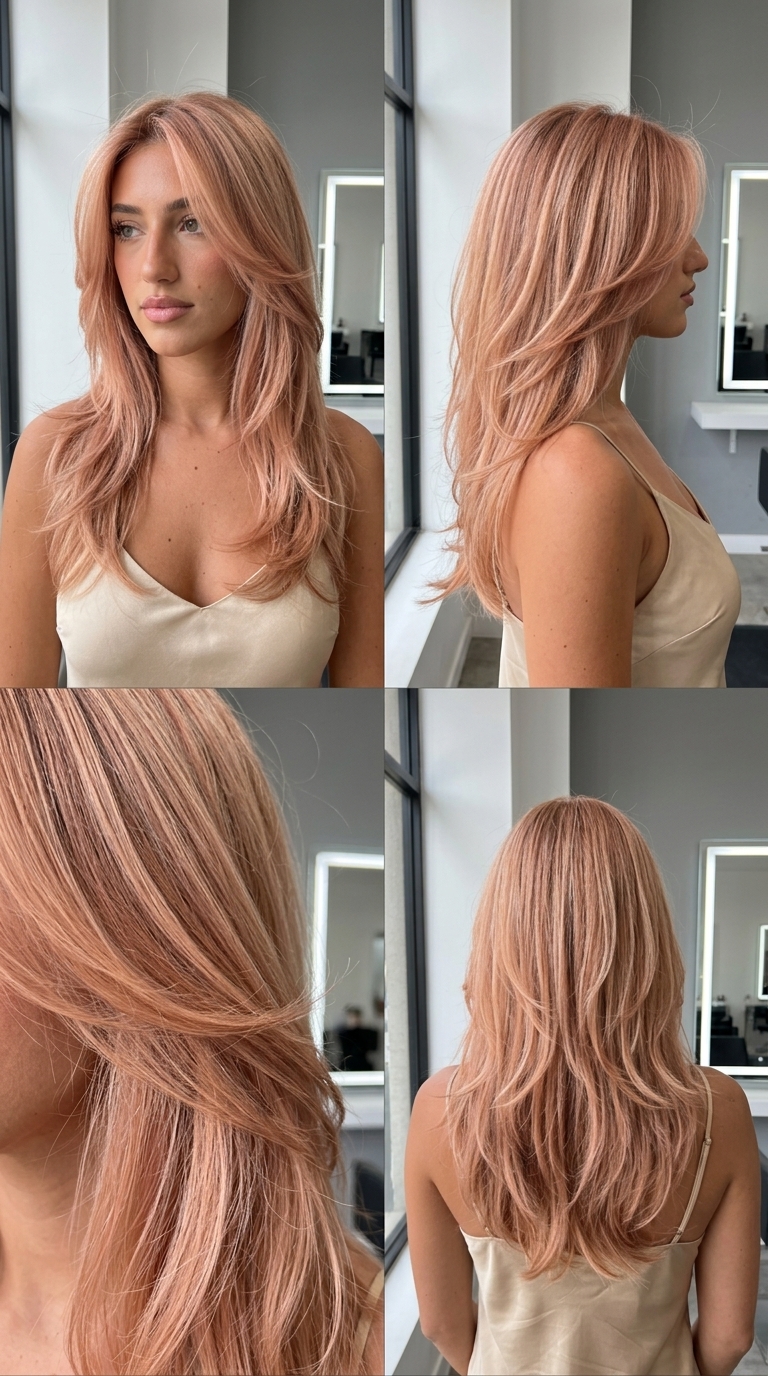 long flowy butterfly haircut with soft strawberry blonde, feathered layers, and cheekbone face-framing for romance