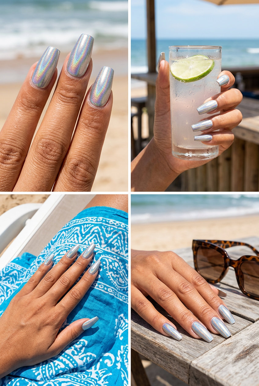 Cosmic Silver Flare Nails 2026 Futuristic holographic silver flare nails for parties and festivals. Bold, glamorous solid summer nails 2026.