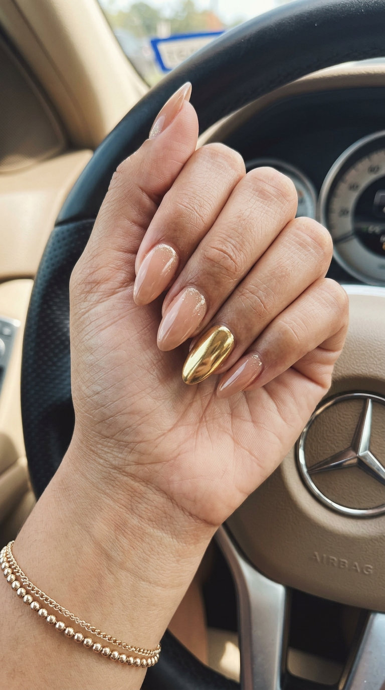 Golden Hour Accent Nails 2026: Elegant Evening Glam Golden Hour Accent Almond nails for date nights and summer evening events. Solid summer nails 2026.