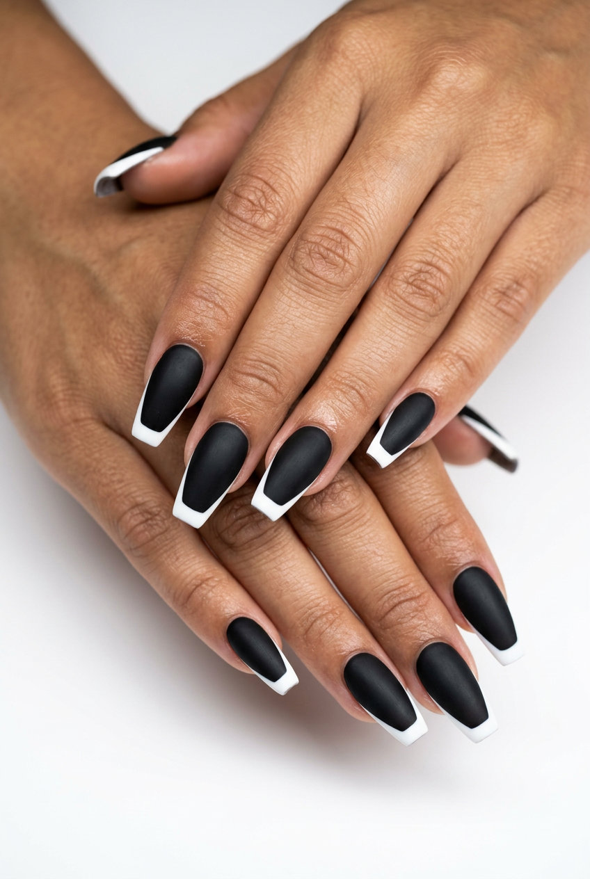 Matte Onyx French Nails 2026: Edgy Night Out Matte Onyx French coffin nails for parties, nights out, and concerts. Solid summer nails 2026.