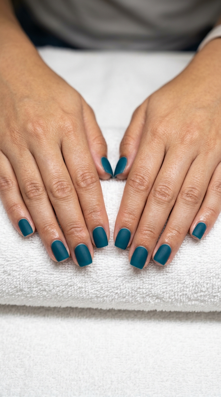 Matte Teal Nails 2026: Sophisticated Chic Matte teal sophisticate square nails for office and casual chic 2026.