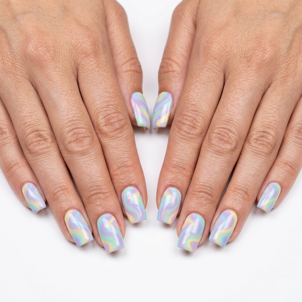 Pastel Rainbow Swirls Nails 2026: Dreamy Fun Pastel rainbow swirls on medium oval nails for festivals and summer parties 2026.