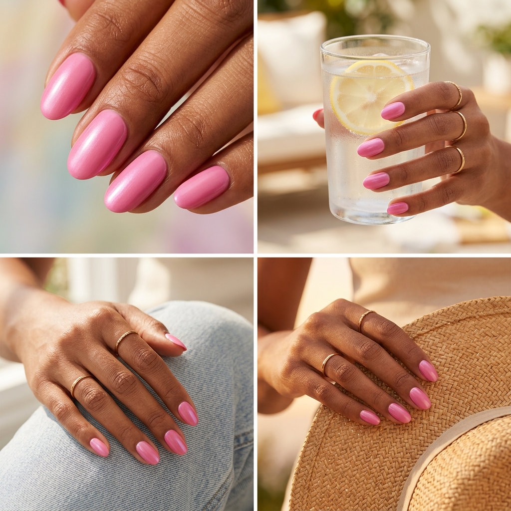 Pearlescent Pink Oval Nails 2026 Romantic pearlescent pink oval nails for weddings and date nights. Ethereal, sophisticated solid summer nails 2026.