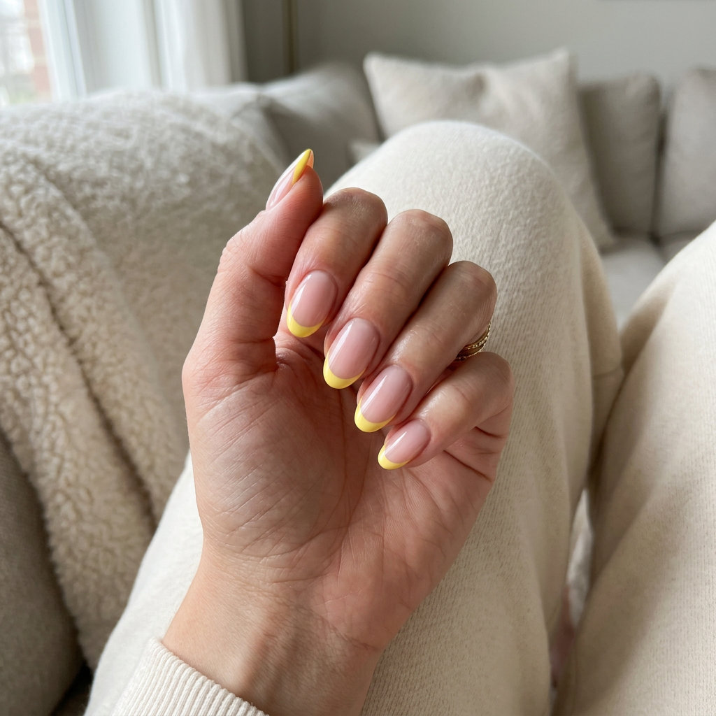 Retro Yellow French Nails 2026: Cheerful Summer Fun Retro Sunshine Yellow Oval French nails for summer vacation and festivals. Solid summer nails 2026.