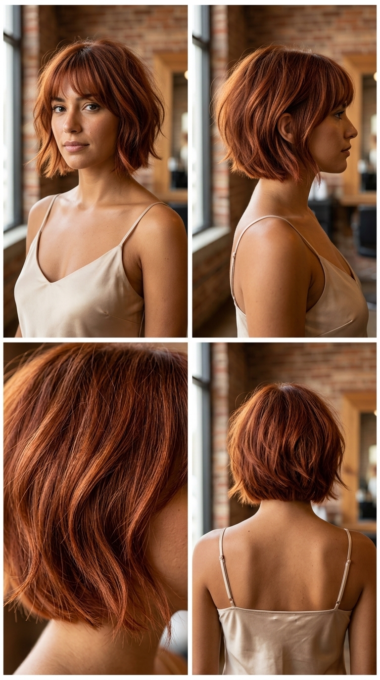 short french bob haircut with spiced copper red color, tousled layers, wispy bangs — playful date night